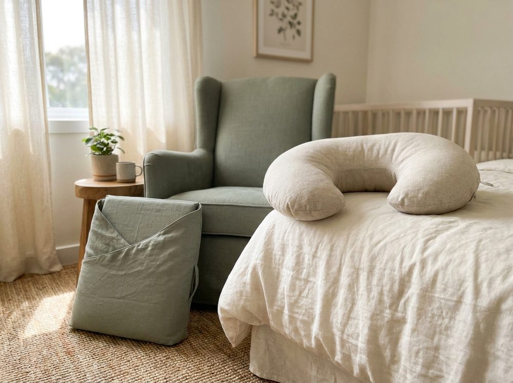 A cream crescent-style nursing pillow on a bed and a sage wrap-around nursing pillow on an armchair in a warm neutral nursery.