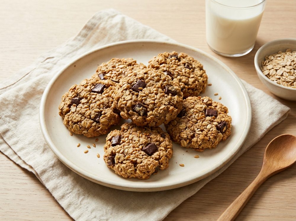 A plate of oatmeal chocolate-chunk cookies with a glass of milk on a linen napkin — grab-and-go snacks to stock at a breastfeeding station.