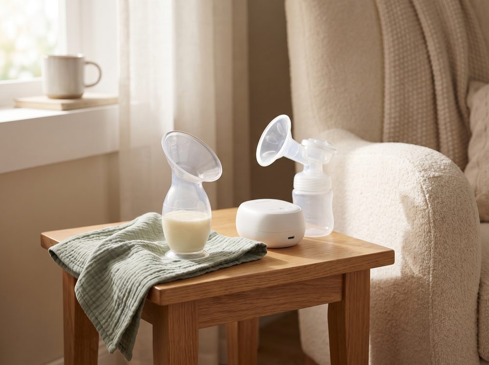 A clear silicone one-piece breast milk collector filled with milk beside a small white electric breast pump with a flange and bottle, on a light wooden side table next to a cozy nursing chair.