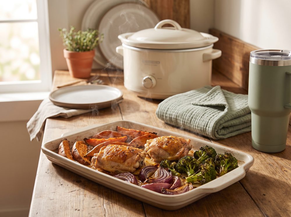 A slow cooker and a sheet pan of roasted chicken and vegetables on a warm wooden kitchen counter beside a folded muslin blanket in soft afternoon light.