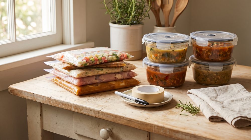 Flat-frozen zip-top freezer bags of marinated chicken and chopped vegetables stacked beside glass containers of soup and stew, with a roll of label tape and a marker, on a warm wooden kitchen table in soft window light.