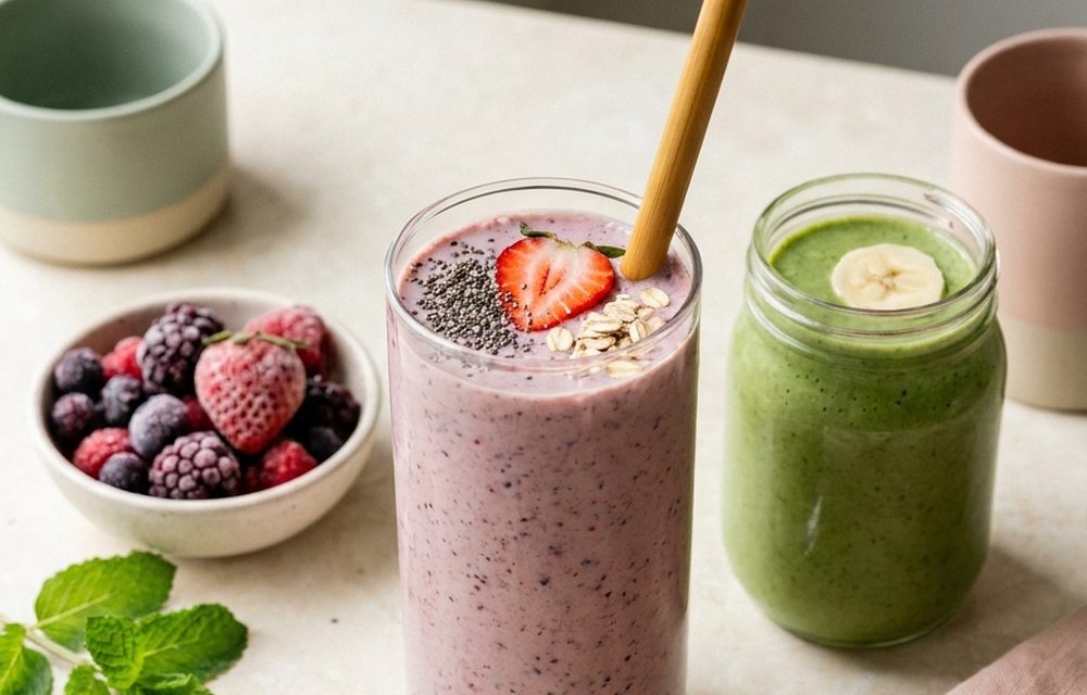 A tall glass of berry smoothie with a bamboo straw next to a green smoothie in a mason jar, with frozen berries and fresh mint on a bright table — easy make-ahead smoothies for nursing Mamas.