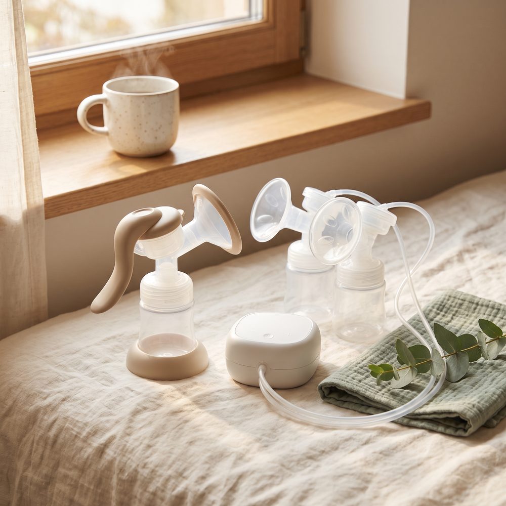 A simple handheld manual breast pump beside a compact electric breast pump with tubing and two collection bottles, on a soft cream and sage bedspread by a sunny window.
