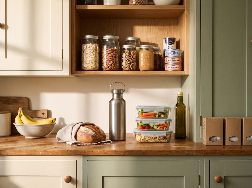 A warm, sunlit kitchen counter and pantry shelf stocked before baby — mason jars of oats and nuts, canned beans and salmon, olive oil, bananas, bread, a water bottle, and glass meal-prep containers.