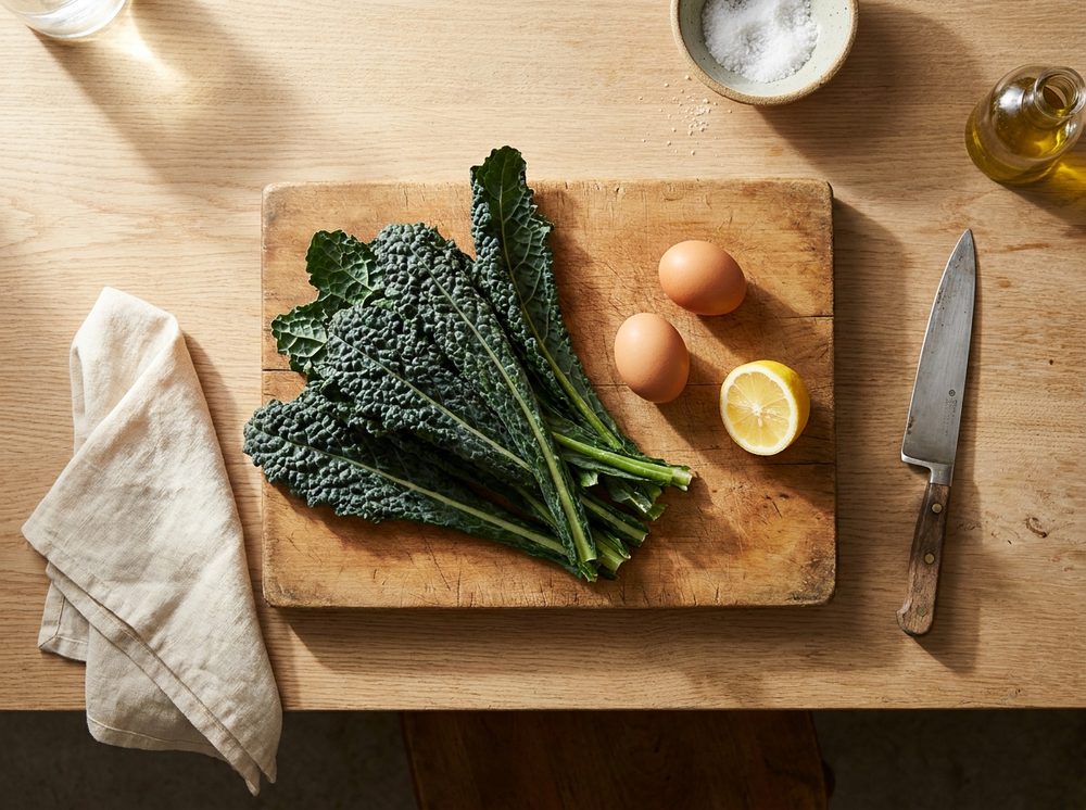 A wooden cutting board with kale, eggs, lemon, olive oil, salt and a chef's knife on a warm wooden table — a simple postpartum kitchen setup.