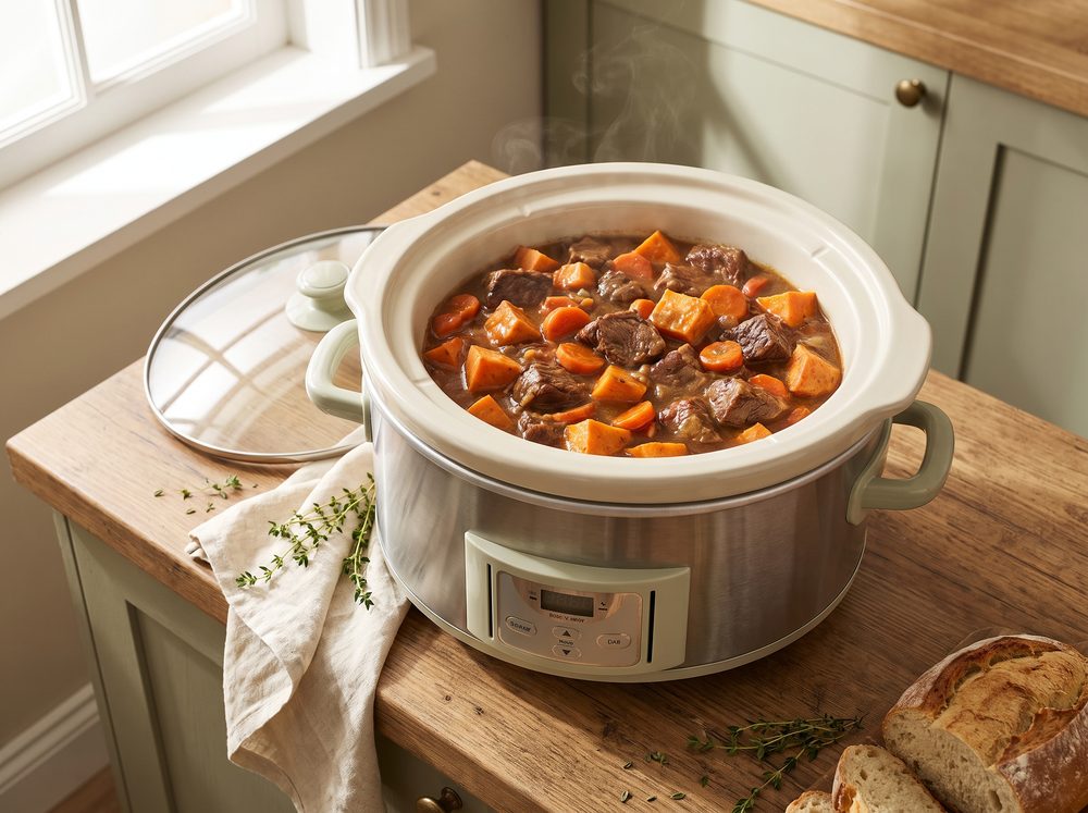 A countertop slow cooker filled with beef stew, sweet potatoes and carrots in rich gravy, lid off beside it on a wooden kitchen counter with crusty bread and fresh thyme.