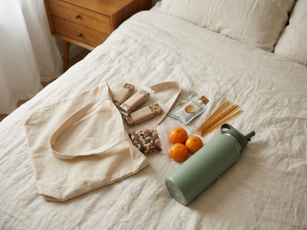 A cream canvas tote bag on a linen bed with hospital-bag snacks laid out beside it — granola bars, trail mix, nut butter packets, clementines, honey sticks, and a large sage-green insulated water bottle.