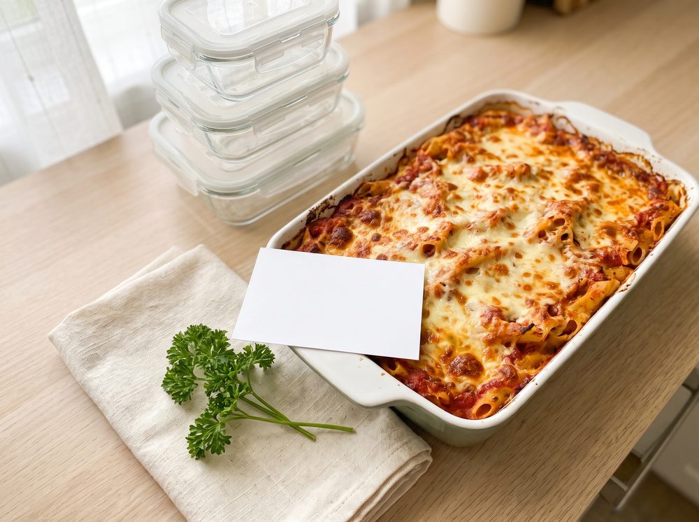 A baked pasta casserole in a white ceramic dish on a wooden counter with a blank label card and a stack of glass storage containers — a meal-train drop-off ready to go.