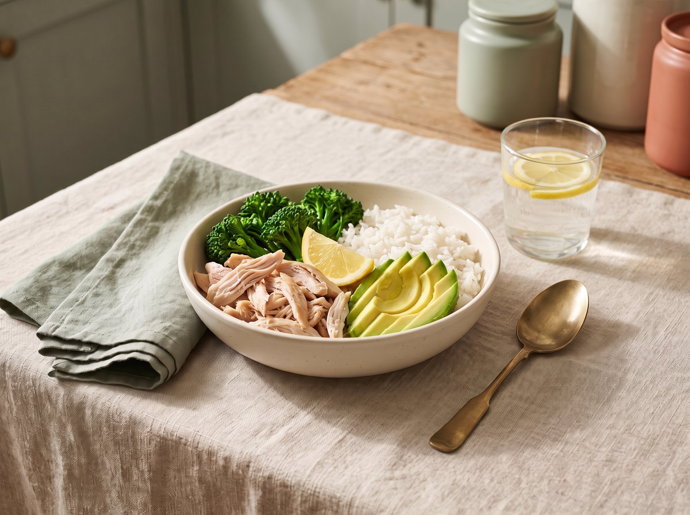 A nourishing postpartum meal — shredded chicken, broccolini, rice and avocado in a cream bowl