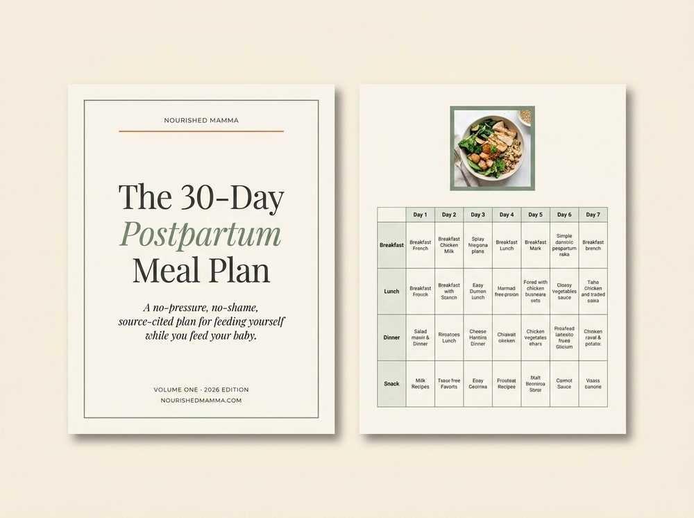 The 30-Day Postpartum Meal Plan — cover and an interior weekly meal-plan spread