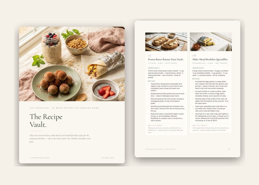The Recipe Vault — interior recipe spread, 50 nursing-Mama recipes